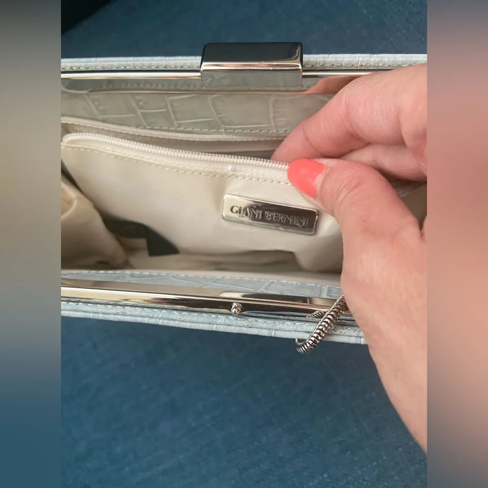 Giani Bernini Elegant Gray Blue Leather Clutch Shoulder Purse Silver Hardware